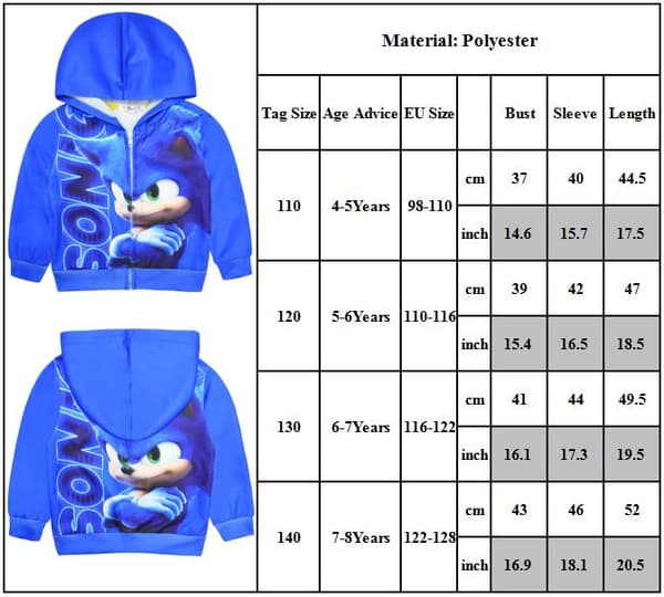 Kids Sonic Print Blå Zip Jakke Hettegenser Vinter Utendørs Gutter Jente 140cm