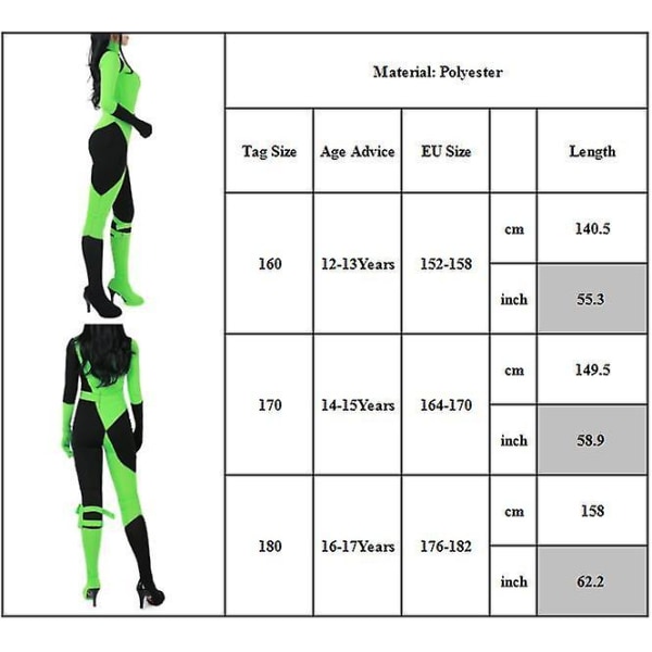 Girls Kim Possible Shego Cosplay Costume Bodysuit Jumpsuit Carnival Party 12-13 Years