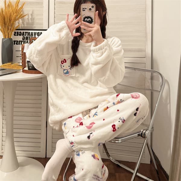 Mub- Flannelpyjamas til kvinder, sød efterår vinter loungewear Hvid KT kat White KT cat L