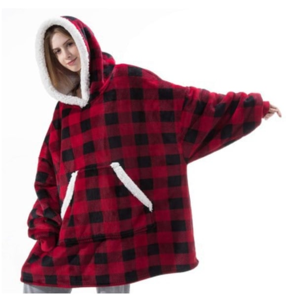 Mub- TV-fleece forlænget pyjamas varm TV-tæppe udendørs kold morgenkåbe hættetrøje tæppe Rød ternet G Red checkered Length 80*130cm