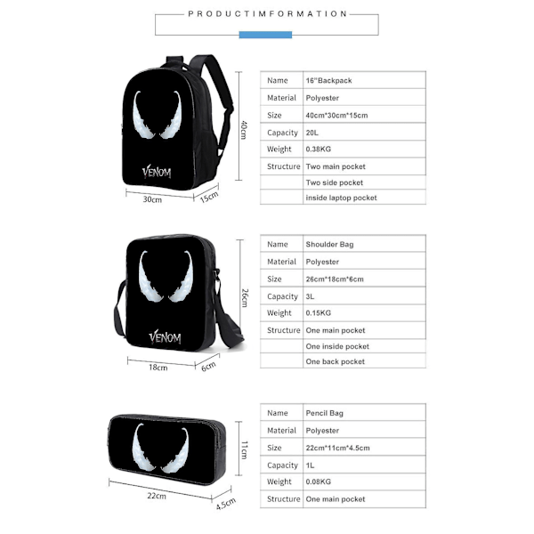 Venom Skolesekk Anime Notatbok Laptop Ryggsekk Skolesekk Messenger Bag Penneetui 3-delt sett[HK]