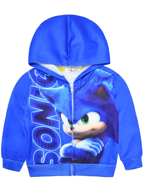 Kids Sonic Print Blå Zip Jakke Hettegenser Vinter Utendørs Gutter Jente 110cm