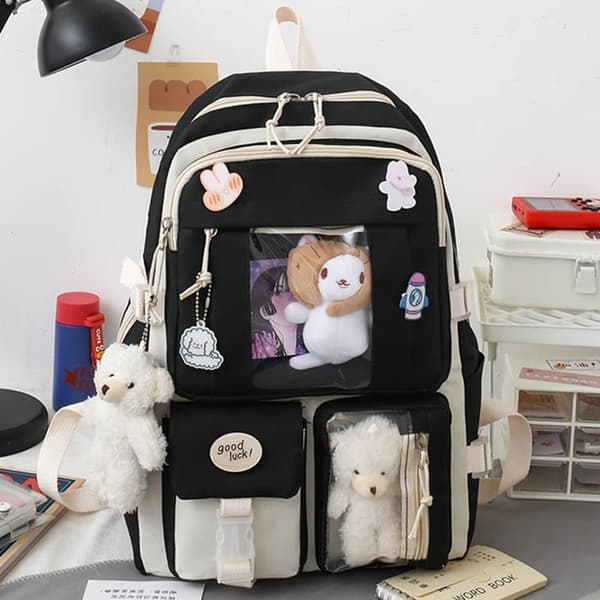 Canvas Skoletaske Kombiset, Kawaii Pige Student Skoletaske Sort black
