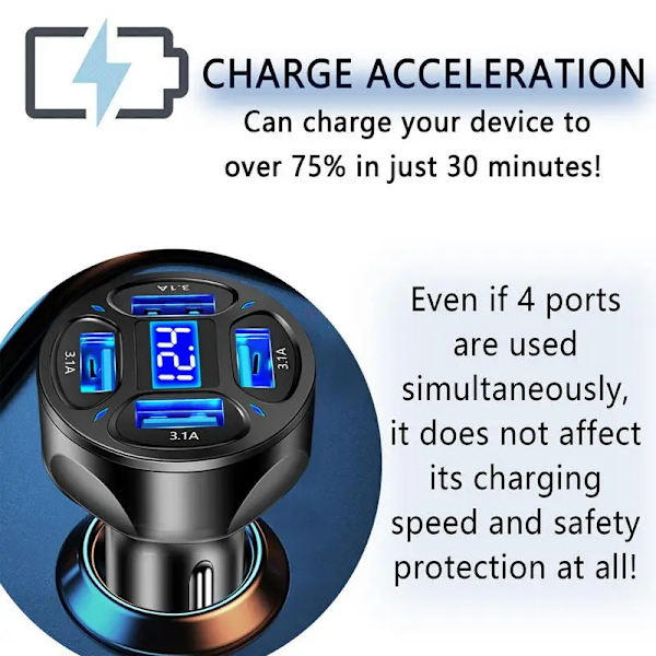 USB-billadapter för bil 4 USB-portar Utmärkt flamskyddsladdare Intelligent kontrollchip Snabbladdningsbilladapter WHITE