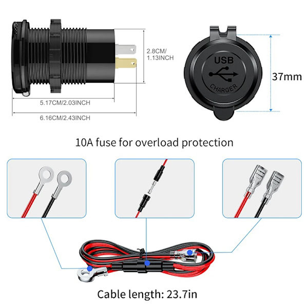 12V/24V USB C-billaddare 83W Snabbladdning 65W PD3.0 & 18W QC3.0 LED Digital Display & Strömbrytare för Bil RV ATV Motorcykel Blue