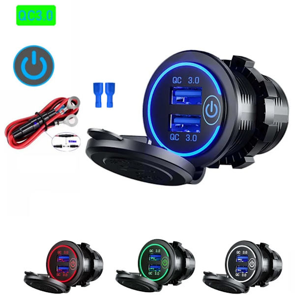 QC 3.0 Billaddare Dubbel USB Snabbladdningsuttag Vattentät 12V/24V Led USB Snabbladdningsuttag Strömuttag med Touch Switch Blue