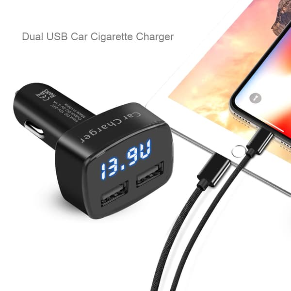 4 i 1 Dobbelt USB Udgang Biloplader Telefon Strømadapter Digital Voltmeter Strømtester Termometer Display 3.1A Universal