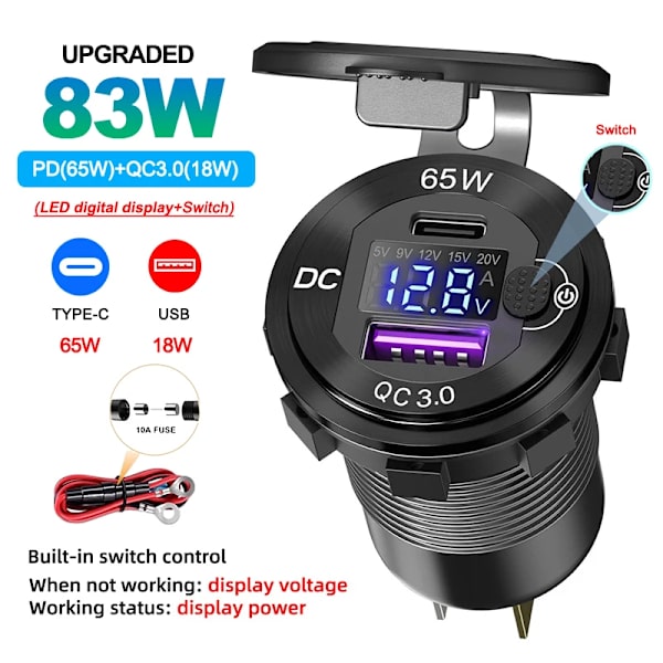 12V/24V USB C-billaddare 83W Snabbladdning 65W PD3.0 & 18W QC3.0 LED Digital Display & Strömbrytare för Bil RV ATV Motorcykel Upgraded Blue wire