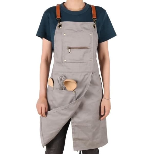 Ljusgrått justerbart förkläde i bomull, för baristor, keramik, delade ben, barberarrockar, städuniform.
