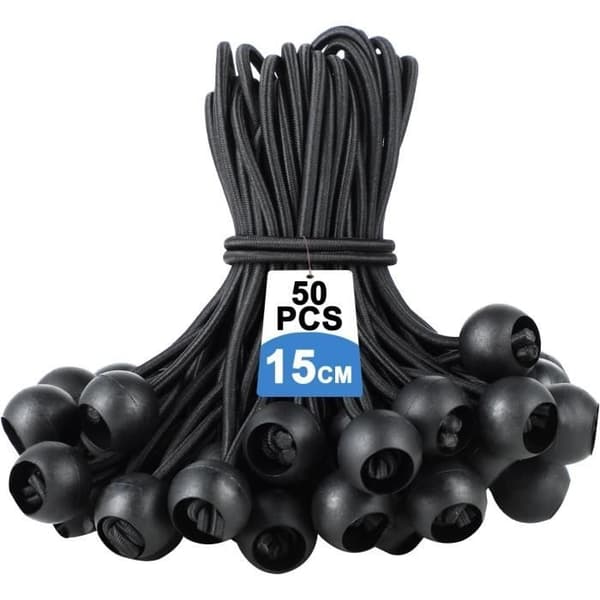 50 elastiske snore med kugle, presennings elastiske snore, elastisk snor, elastisk reb, sorte strækspænder med plastik kugle