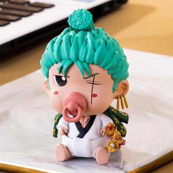 One Piece Anime Figur 11cm Baby Napp Luffy Zoro Sanji Franky Brook Figurine Söt PVC Samlarobjekt Modell Dekoration Leksak Barn Zoro