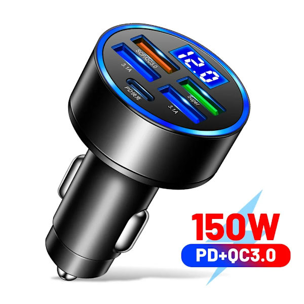 250W 6-portars snabbladdare för bil PD QC3.0 USB C-billaddare Typ C-adapter i bil för iPhone Samsung Huawei Xiaomi 5 Port Volt display