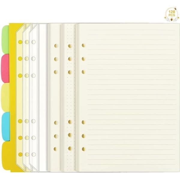 A5 Ark, 120 Sidor Blankt Papper + Linjerat Papper + Prickat Papper, 6 Hål A5 Ersättningspapper med 5 Avdelare