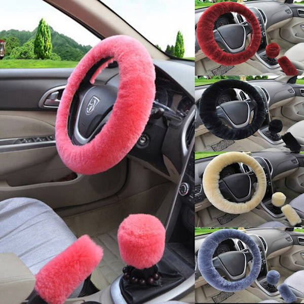(Rosa) Universal Ratt Plysch Bil Ratt Kåpor Vinter Fuskpäls Handbroms & Gear Cover Set Bilinredningstillbehör Pink