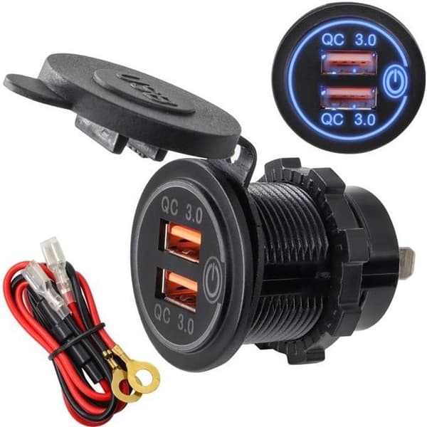 12/24V Dobbel USB Bil Hurtiglader Socket Adapter Vanntett Uttak Ledning Aluminium Voltmeter QC3.0