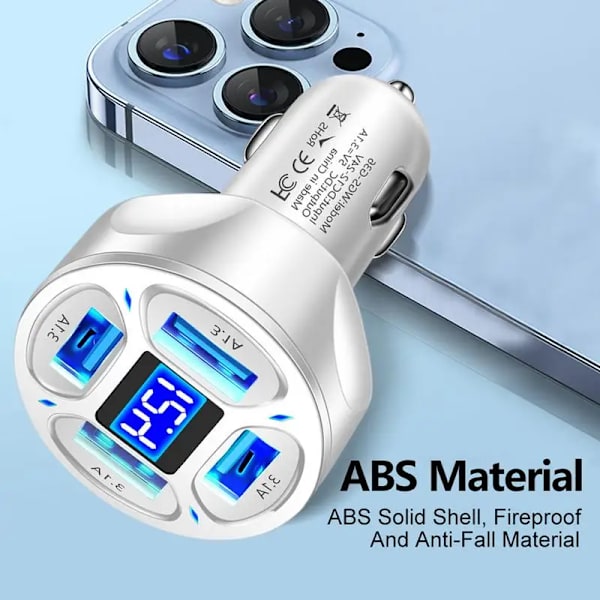 USB-billadapter för bil 4 USB-portar Utmärkt flamskyddsladdare Intelligent kontrollchip Snabbladdningsbilladapter WHITE