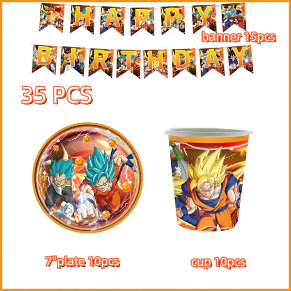 Dragon Ball Z Födelsedagsfest Dekoration Kopp Tallrik Servetter Baby Shower Son Goku Folie Ballonger Bakgrund Leksak Event Presentmaterial BPQ-35PCS
