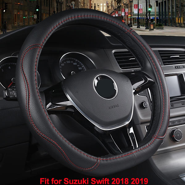 (röd tråd)D-formad cover Volant PU-läder för Suzuki Swift 2018 2019 Fläta på ratten Biltillbehör Red Thread