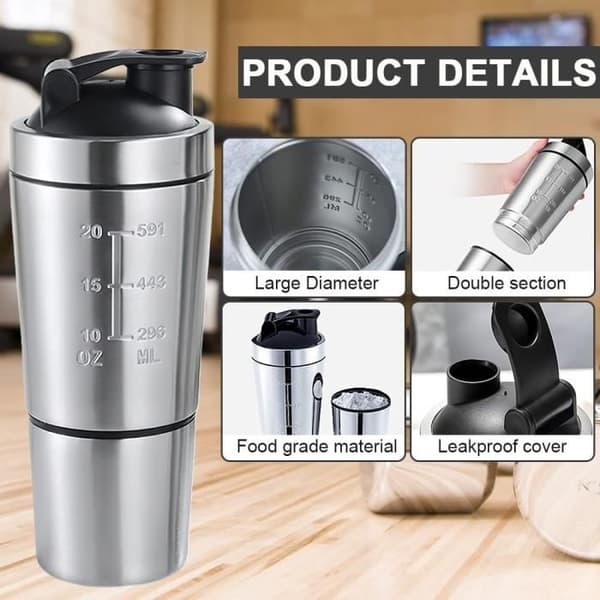 Protein Shaker i rustfrit stål, Proteinflaske Shaker, Protein Shaker med Rørekugle til Protein