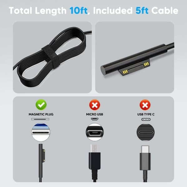65W Laddare, Kompatibel med Surface Pro 3/4/5/6/7 Surface Go 2/1, för Microsoft Surface Book Notebook/Tablet, USB