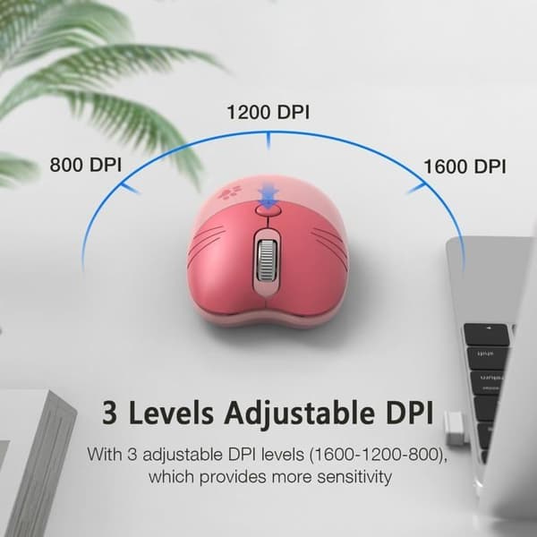 (Rosa) 2,4 GHz Stille Trådløs Mus for Jenter med USB-Mottaker, 4 Programmerbare Knapper, Rosa pink