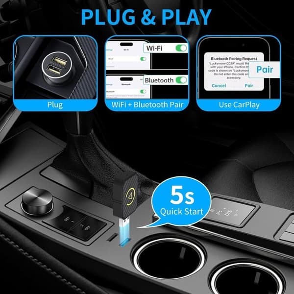 Trådløs Carplay & Android Auto Adapter, Mini-stick for å konvertere kablet Carplay/Android Auto til trådløs, Kompatibel med Av