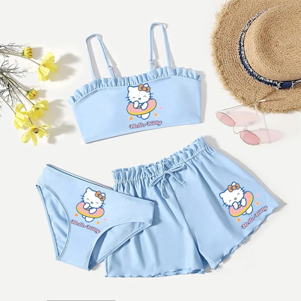 Sommar Kawaii Barn Flickor Sanrios 3st Baddräkt Anime Kuromi My Melody Hellokittys Cinnamoroll Tecknad Väst Kalsonger Shorts blue-A 130