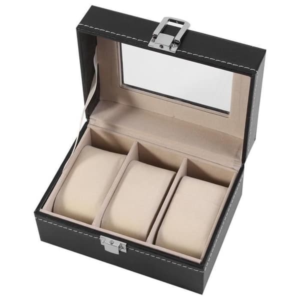 Læder Ur Opbevaringsboks - Premium - 3 Slots - Sort Black