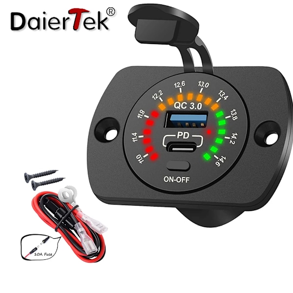 DaierTek 12V USB-billadningssuttag PD Typ C QC3.0 Snabbladdare 12V/24V USB-port med strömbrytare Färgglad voltmeter Uttag