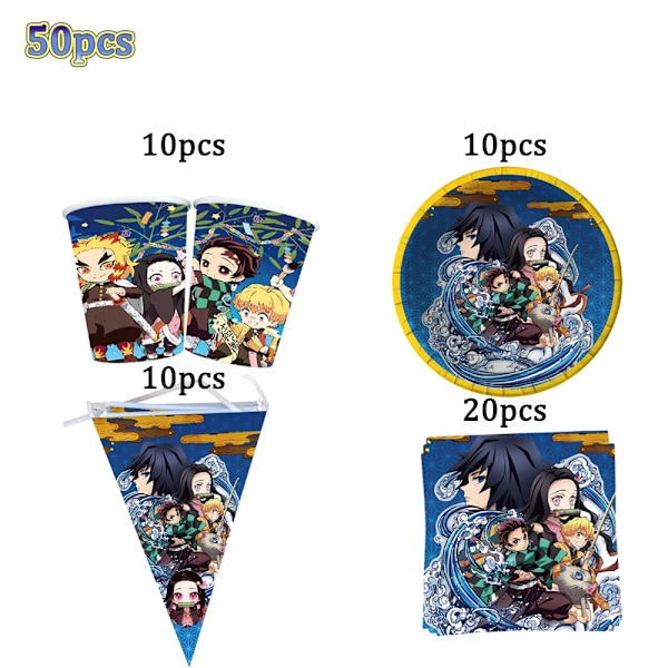 Kimetu No Yaiba Barn Födelsedagsfest Dekoration Bordsservis Papperskoppar Tallrikar Servetter Demon Slayer Tema Baby Shower Pojkar Tillbehör BPQZ-50PCS