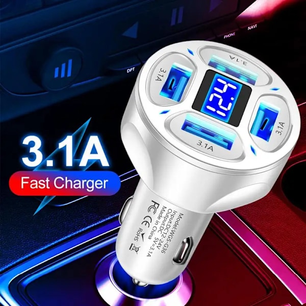 USB-billadapter för bil 4 USB-portar Utmärkt flamskyddsladdare Intelligent kontrollchip Snabbladdningsbilladapter WHITE