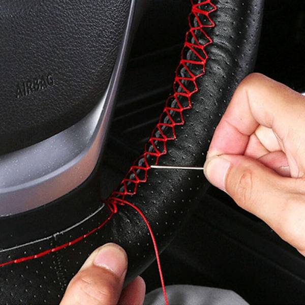 (Grå tråd)38cm Rattskydd mjuk Artificia Läderfläta på bilens ratt med nål och tråd Inredningstillbehör Gray Thread