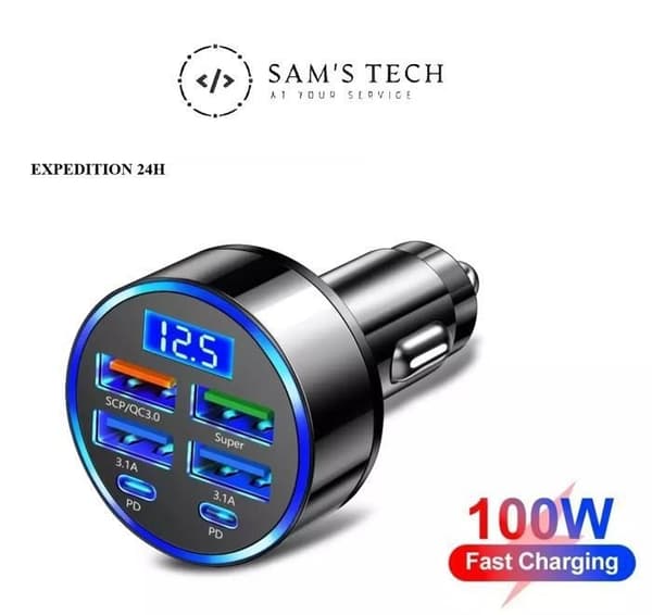 6-Port Bil Sigarettennerlader 4 USB + 2 PD Display Hurtiglading