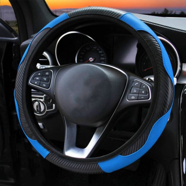 (Blå)Bilrattkåpa Cover Anti-Slip PU-läderstyrkåpor Lämplig 37-38cm Autodekoration Kolfiber Blue