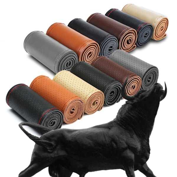 (Slät grå) Fläta äkta läder Cover med nålar Tråd Bil Kohudsflätning för 38 CM 15 tums ratt Smooth Gray