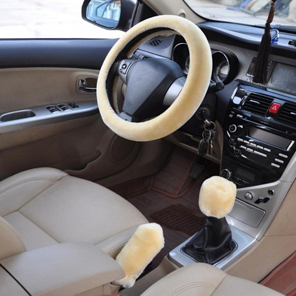 (Beige)3st/ set Bil Auto Vinter Mjukt Cover + Cover + Växelspaksskydd/Varm Super Tjock Plysch växlingskrage Beige
