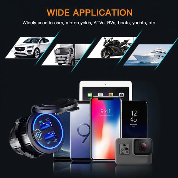 12V/24V USB Hurtiglader Socket Quick Charge 3.0 Billader Dobbel USB Socket Billader Berøringsbryter Elektronisk lighter