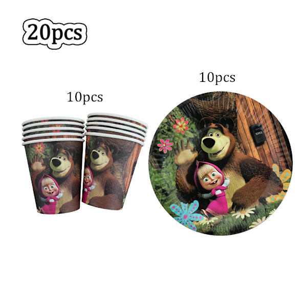 Tecknad masha och björn Tillbehör för födelsedagsfest Engångsservis Papperskopp Tallrik Servett Baby Shower Födelsedagsdekoration BP-20PCS
