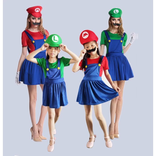 Anime Halloween-kostymer Super Luigi Brother-kostym Mario Vuxna Barn Fancy Cosplay Scen Halloween-fest Förälder-barn-kostym Female Mario  Green For kid  L