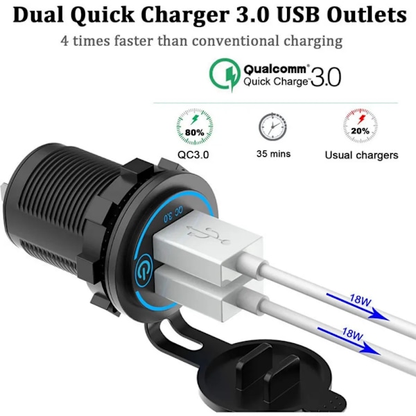 QC 3.0 Billaddare Dubbel USB Snabbladdningsuttag Vattentät 12V/24V Led USB Snabbladdningsuttag Strömuttag med Touch Switch White With Wire