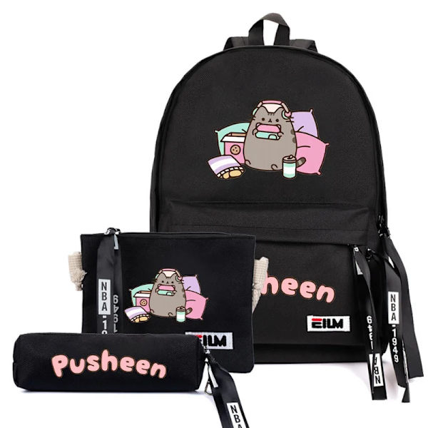 3 st Söt Pusheen- print Kvinnor Tjejryggsäck Harajuku Kawaii Katt Kvinnlig Student Flickor Skolväska Stor kapacitet Resesäck 2