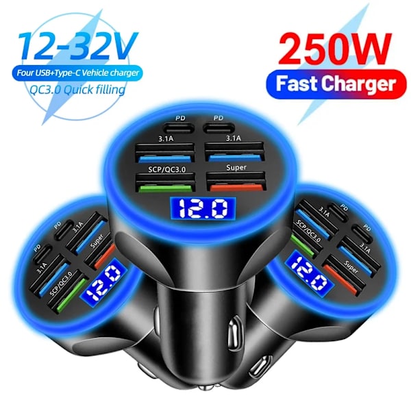 250W 6-portars snabbladdare för bil PD QC3.0 USB C-billaddare Typ C-adapter i bil för iPhone Samsung Huawei Xiaomi 5 Port Volt display