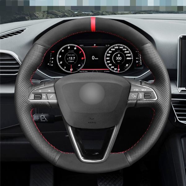 (Gul markörtråd) Svart mocka bilrattkåpor till Seat Leon 5F Mk3 2013-2020 Ibiza 6J Tarraco Arona Ateca Alhambra Yellow Marker Thread