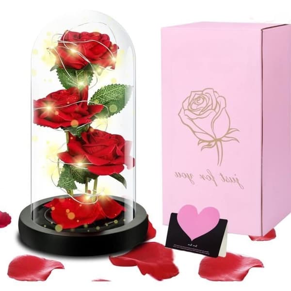 Evig Ros Under Glas - LECOO - 3 Röda Rosor - LED-ljus - Presentförpackning - Heminredning Red
