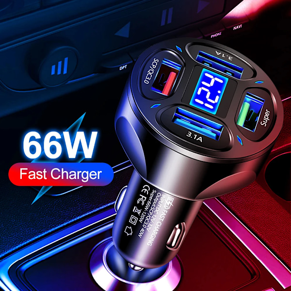 66W Billaddare LED Digital Display 4USB  Stöder Snabbladdning Multifunktionell Spänningsdetektering Auto Laddare Adapter white