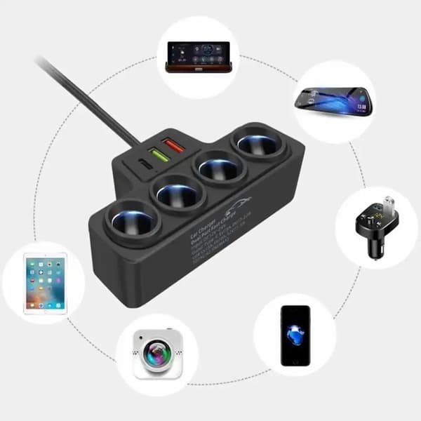 120W 4-i-1 3 USB Billader Hurtigladeplugg Adapter Splitter 12V 24V Hurtigladeplugg