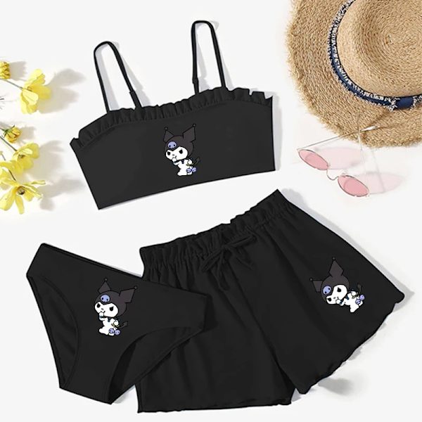 Sommar Kawaii Barn Flickor Sanrios 3st Baddräkt Anime Kuromi My Melody Hellokittys Cinnamoroll Tecknad Väst Kalsonger Shorts Black-E 130