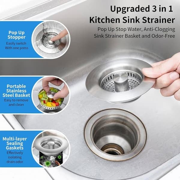 Uppgraderad 3 i 1 diskbänksil - Diskbänksplugg i rostfritt stål, (Silver-1-pack)