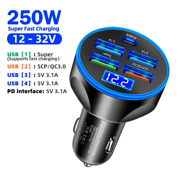 5-portars 250W USB-billaddare Typ C Billaddare Snabbladdning PD QC3.0 Telefonladdare i bil för iPhone Xiaomi Huawei Samsung Black