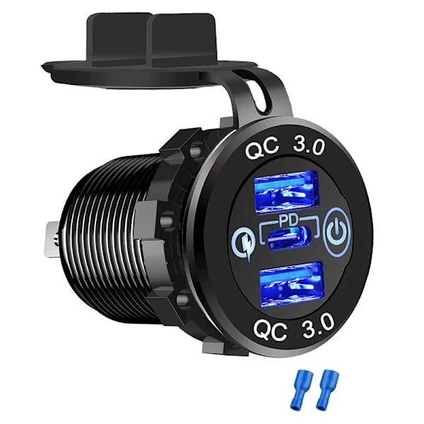 12V/24V Trippel USB C Billaddare Uttag USB-uttag PD & 18W QC3.0 Aluminium Metall Billaddare Adapter med Touch Switch Blue no wire